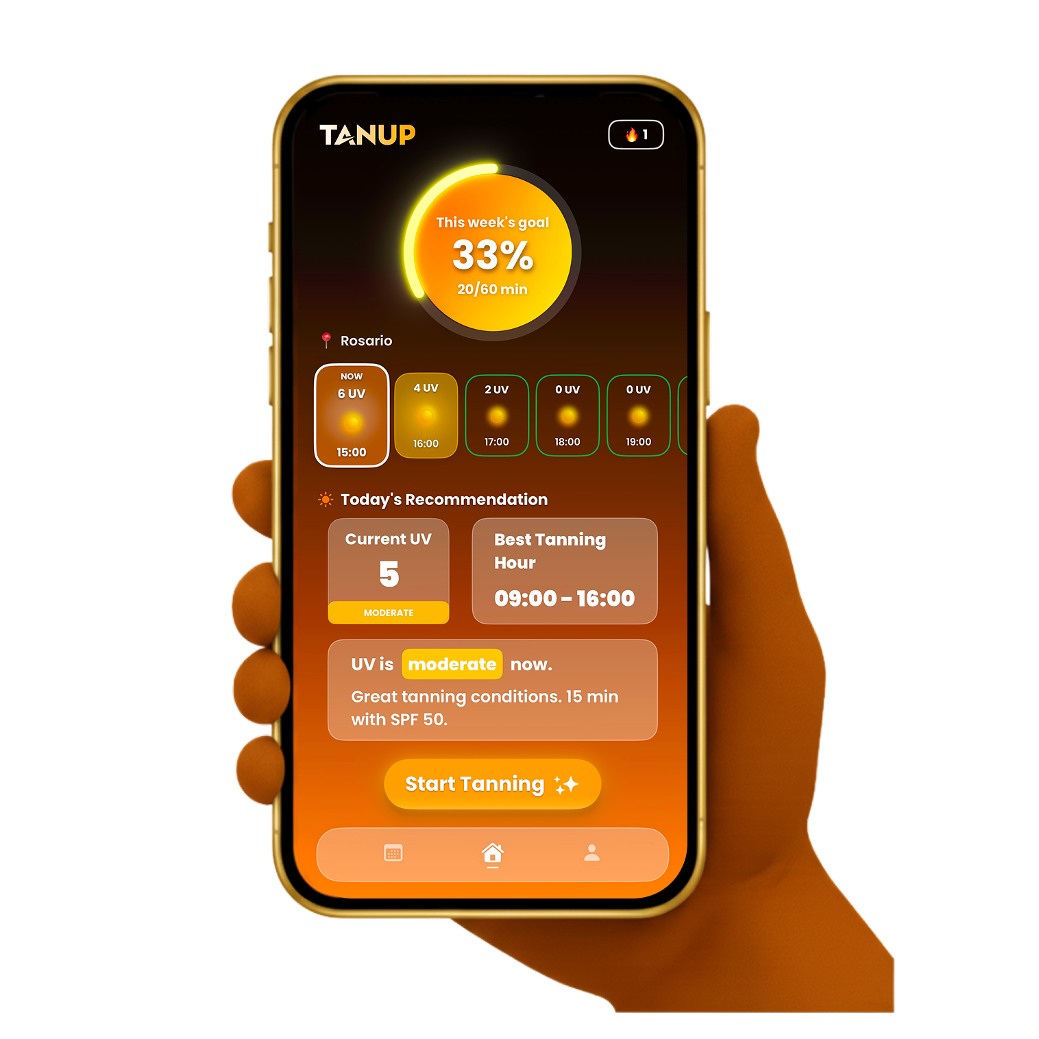 TANUP Smart Tanning App showing AI-powered UV tracking, Vitamin D levels, and personalized SPF recommendations on iPhone screen